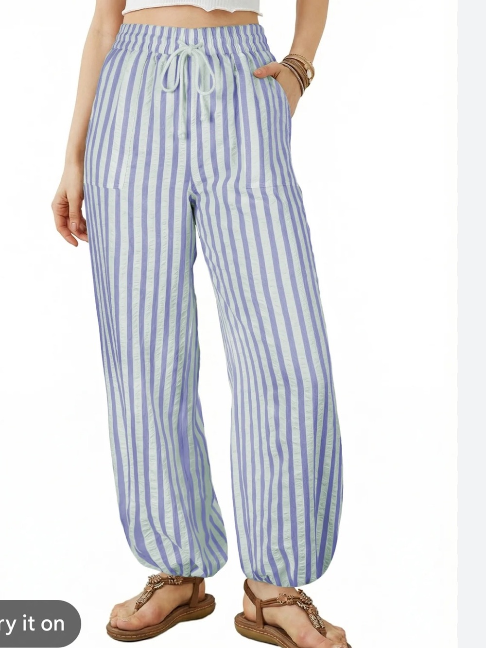 Striped Drawstring Lounge Pants - Light Blue & Purple
